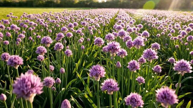 A vast field of blooming chive flowers displaying tiny purple spheres against a verdant landscape bathed in warm sunlight