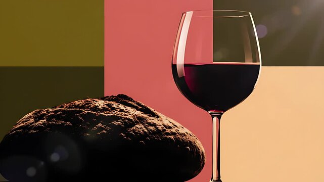 A rich, dark loaf of rustic sourdough bread sits beside a sophisticated glass filled with deep red wine against an abstract color block background design.