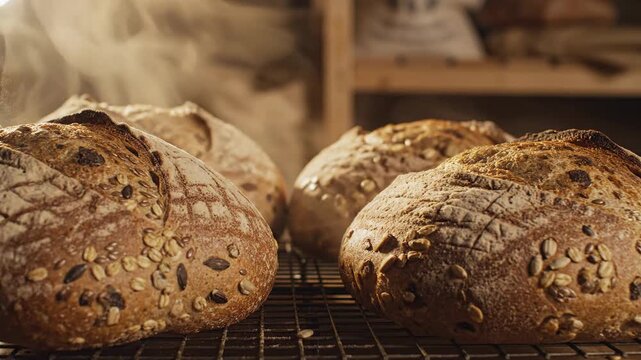 Four hearty multigrain loaves with textured crusts cooling on a wire rack in a bakery setting