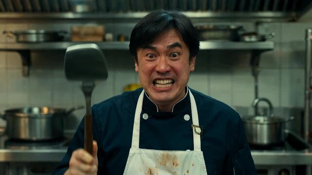 ** Angry Stressed Professional Asian Male Chef Screaming In Industrial Restaurant Kitchen
