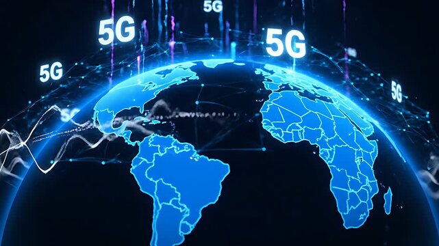 Digital representation of the fifth generation wireless technology encircling a glowing blue globe highlighting global connectivity and futuristic communication infrastructure development.