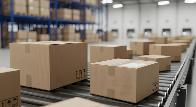 Boxes on automated roller conveyor belt in a large logistics warehouse. Shipping distribution and storage concept.