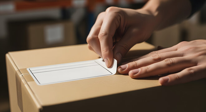 Ecommerce fulfillment closeup Worker applying shipping label to cardboard box in warehouse for package delivery