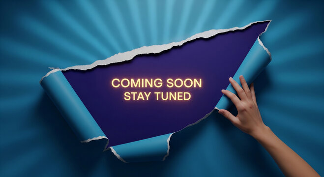 Coming Soon Stay Tuned message on purple background, hand tearing blue paper reveal, creative announcement banner for product launch