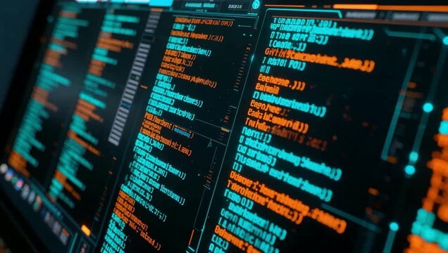 Technology background, programming code against a computer. screen flow of source code. data flow communication, network, privacy concept, 4k animated video