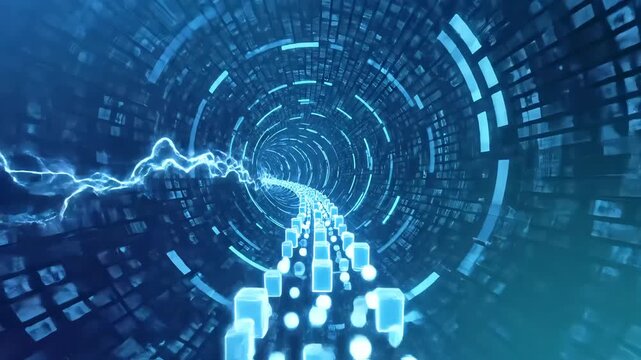 Data blocks moving through a digital tunnel, representing data flow, information transfer, and advanced network technology