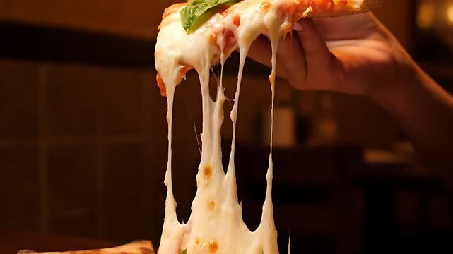 A hand carefully lifts a delicious slice of authentic margherita pizza displaying a dramatic, gooey, melted mozzarella cheese pull with fresh basil leaves.