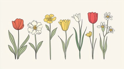 Obraz premium A minimalistic line art illustration of various spring flowers arranged in a symmetrical design.