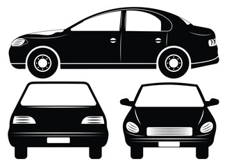 Car Silhouette Icon Set with Front, Side and Rear Views &ndash; Black Vehicle Vector Illustration Isolated on White. Automotive Vector Symbols