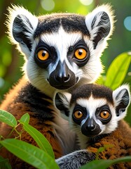 Fototapeta premium Two lemur faces, one adult, one baby, in lush foliage