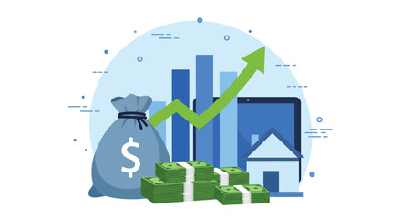 Dynamic finance image showing a money bag, stacks of cash, a rising chart, and a house to symbolize wealth, investment, and growing market value.
