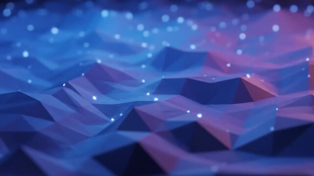 Abstract Polygonal Landscape with Glowing Particles and Blue-Purple Hues.