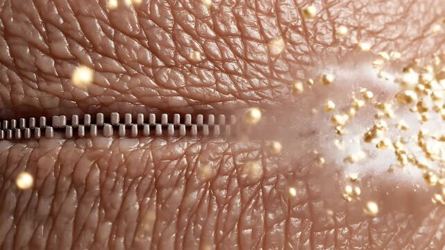 Close-up of a zipper on textured leather surface with golden sparkles.