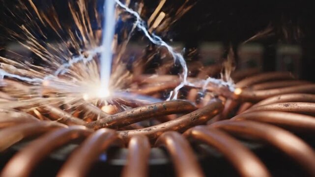 Electric arc sparks flying around copper wiring in an industrial setting viewed closely