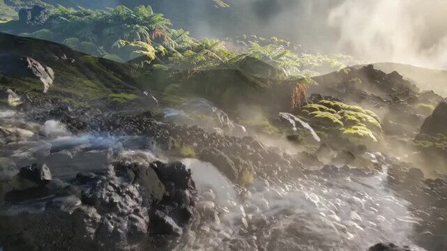 Serene river flowing through rocky landscape with lush greenery and misty atmosphere viewed from a high vantage point