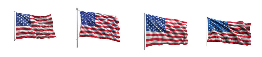 Obraz premium Four depictions of a waving american flag showcasing different angles on transparent background high quality professional