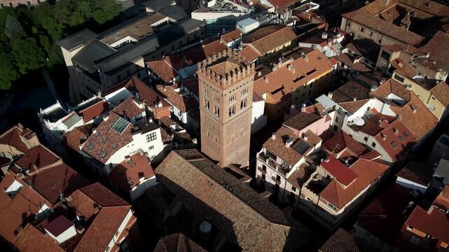 Aerial drone footage of Teruel's famous El Salvador tower in Spain. High quality 4k footage