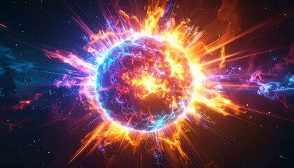 Obraz premium Apocalyptic isolated miniature supernova core explosion on infinite black background