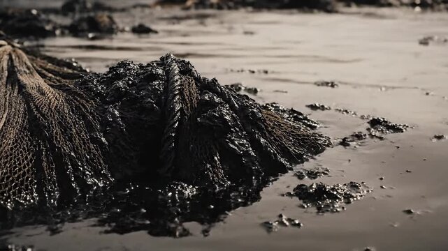 A fishing net saturated with thick black oil sludge drifts in polluted coastal waters, a stark image of environmental damage.