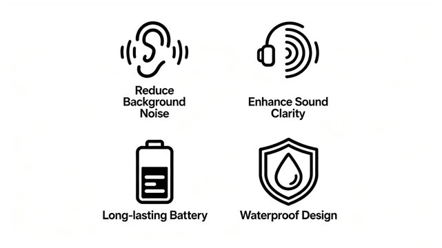 Ear and shield icons, reducing background noise, improving sound clarity, long-lasting battery life, and waterproof design, suitable for hearing aid device scenarios.
