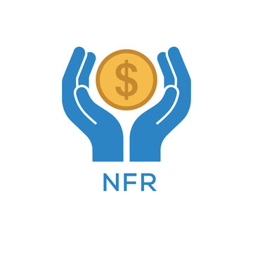 NFR Hands Holding Dollar Coin Logo. NFR Financial Support, Savings and Investment. NFR Care Symbol.
