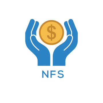 NFS Hands Holding Dollar Coin Logo. NFS Financial Support, Savings and Investment. NFS Care Symbol.
