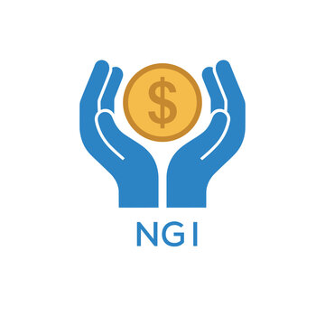 NGI Hands Holding Dollar Coin Logo. NGI Financial Support, Savings and Investment. NGI Care Symbol.
