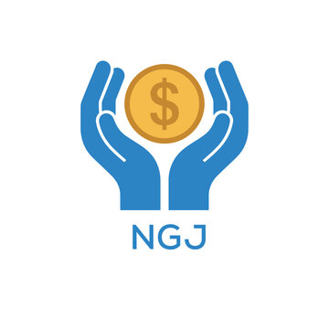 NGJ Hands Holding Dollar Coin Logo. NGJ Financial Support, Savings and Investment. NGJ Care Symbol.
