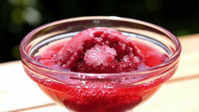 A scoop of berry sorbet melts in a glass bowl