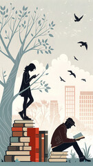 Conceptual Illustration of People Reading Books and Growing Through Knowledge