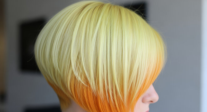 Model with an asymmetrical lob haircut in sleek blonde color presented from a side angle
