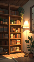 Cozy Home Library Interior with Wooden Bookshelf and Warm Reading Light