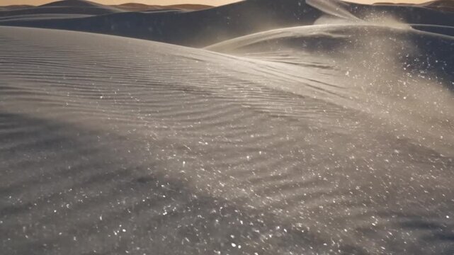 Sandstorm blowing across the desert dunes landscape from a low viewpoint