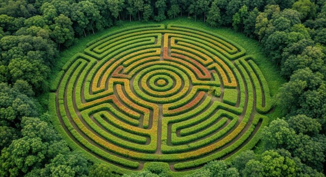 An overhead view of a lush green circular garden maze with intricate pathways nestled within a dense forest setting, inviting exploration and discovery.