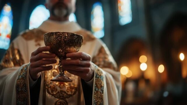 Christian priest holding a chalice during the eucharist ceremony in a historic church