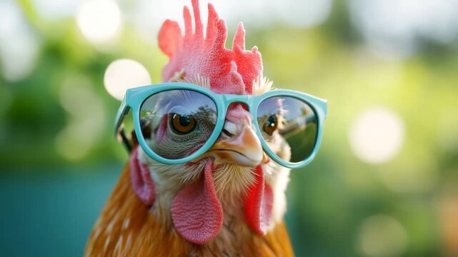 Closeup of a cool brown rooster with a red comb wearing trendy sunglasses outdoors on a sunny day