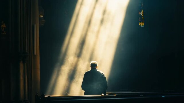 Rear view of a solitary man sitting on a church pew illuminated by ethereal sunbeams