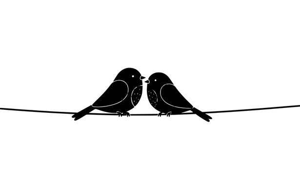 Scandinavian birds on wire silhouette vector illustration with romantic minimalist design