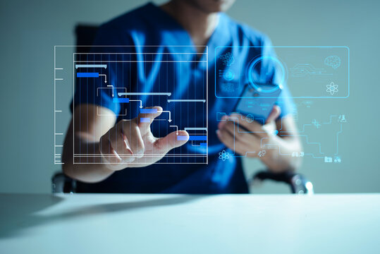 Medical professional using futuristic digital interface with data analytics, AI technology, and healthcare visualization, representing innovation, health tech, and smart medical systems.