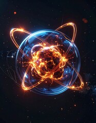 Obraz premium A vibrant, glowing atomic structure with swirling orange lines