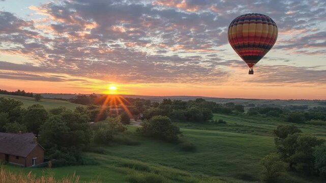 Colorful hot air balloon floating peacefully over green hills during a beautiful golden sunrise