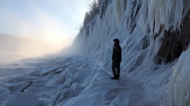 A person walks along a frozen path surrounded by massive ice formations. Sunlight shines on the icy surface, creating a bright winter scene. The cold atmosphere is clear and crisp