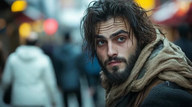 Young, bearded homeless man with a desolate gaze standing on a bustling city street