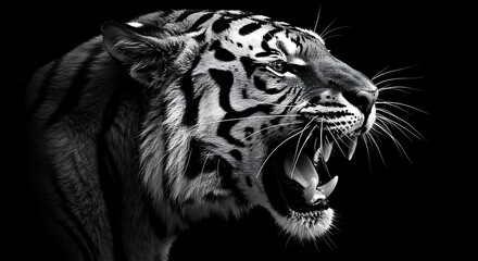 Obraz premium A black and white portrait of a tiger roaring, showcasing its raw power and intensity against a stark background