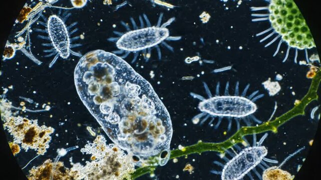Microscopic view of diverse microorganisms including protozoa and algae in a water sample from a natural environment