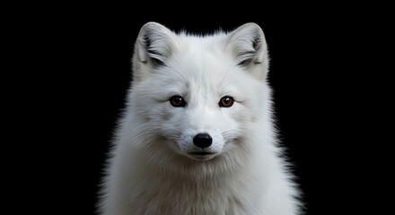 Naklejka premium Closeup portrait of a beautiful arctic fox with white fur isolated on black background