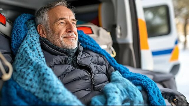 A content man wrapped in a blanket, enjoying a winter day outdoors.