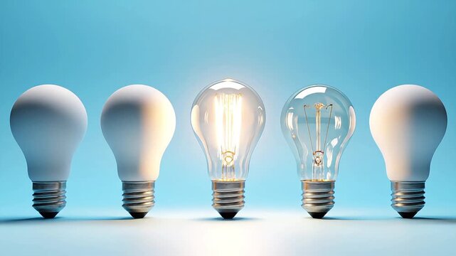 Row of light bulbs with one illuminated against blue background.