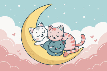 Obraz premium Elegant Cute Cats Sleeping Crescent Moon Soft Pastel High-Quality Stock Image