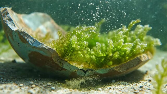 Sunken Ceramic Shard Reclaimed by Vibrant Aquatic Plants Underwater, Symbolizing Nature's Resilience